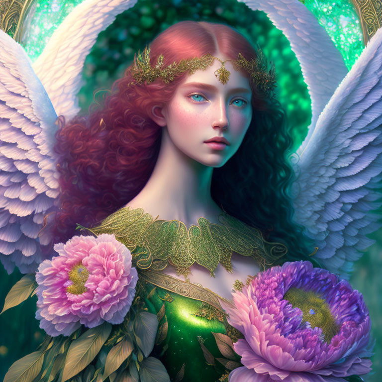 Fantasy female figure with red hair, golden crown, white wings, purple flowers, green backdrop