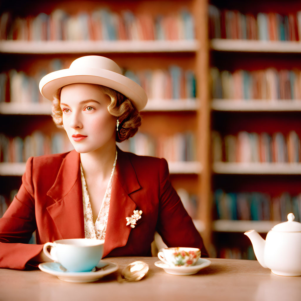 Vintage Red Ensemble Woman with Teapot and Bookshelves