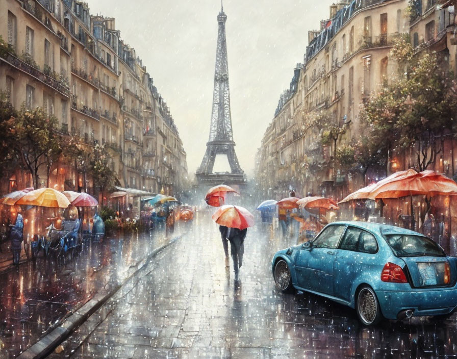 Colorful umbrellas on rainy day in Paris with Eiffel Tower.