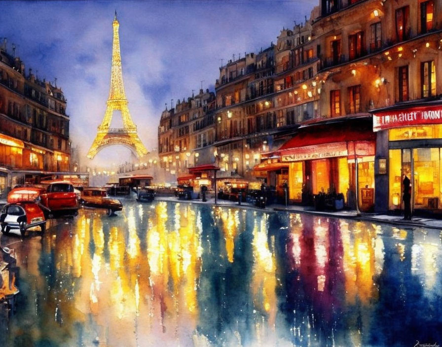 Rainy Parisian Street Watercolor with Eiffel Tower and Cafe Lights