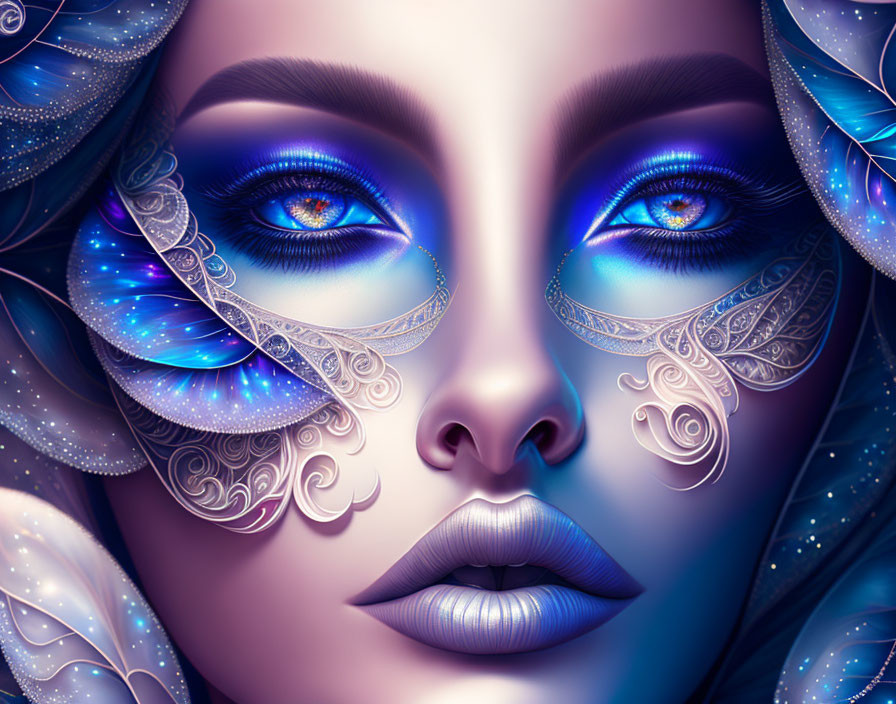 Digital art: Woman with blue eyes, white patterns, butterfly wings, fantasy theme