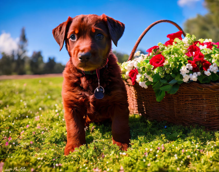 Brown puppy near wicker basket with red and white flowers on grass field