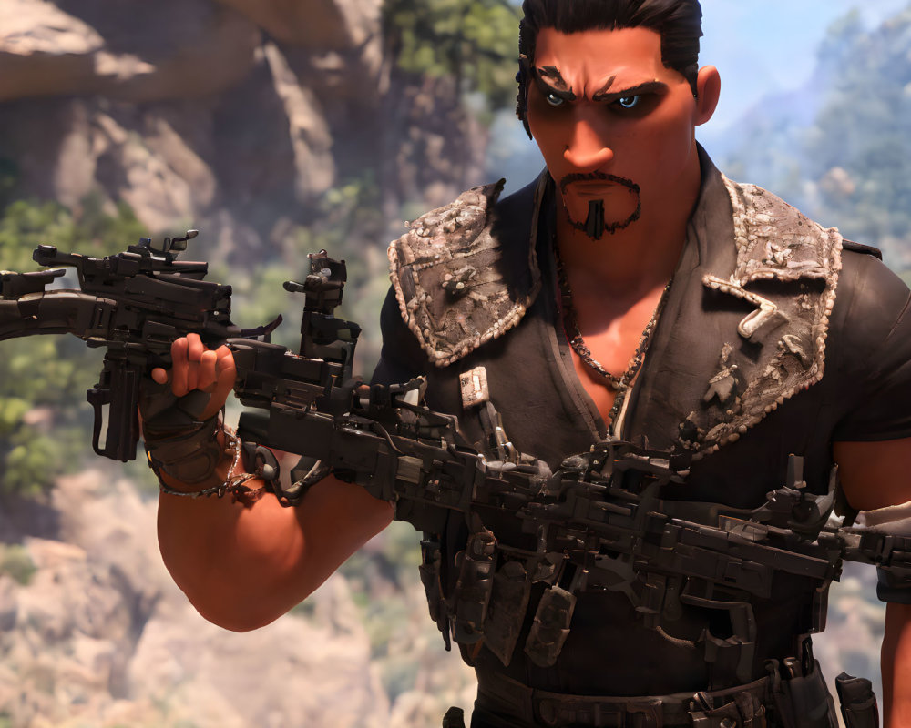 Animated character with guns and tactical vest in rocky setting