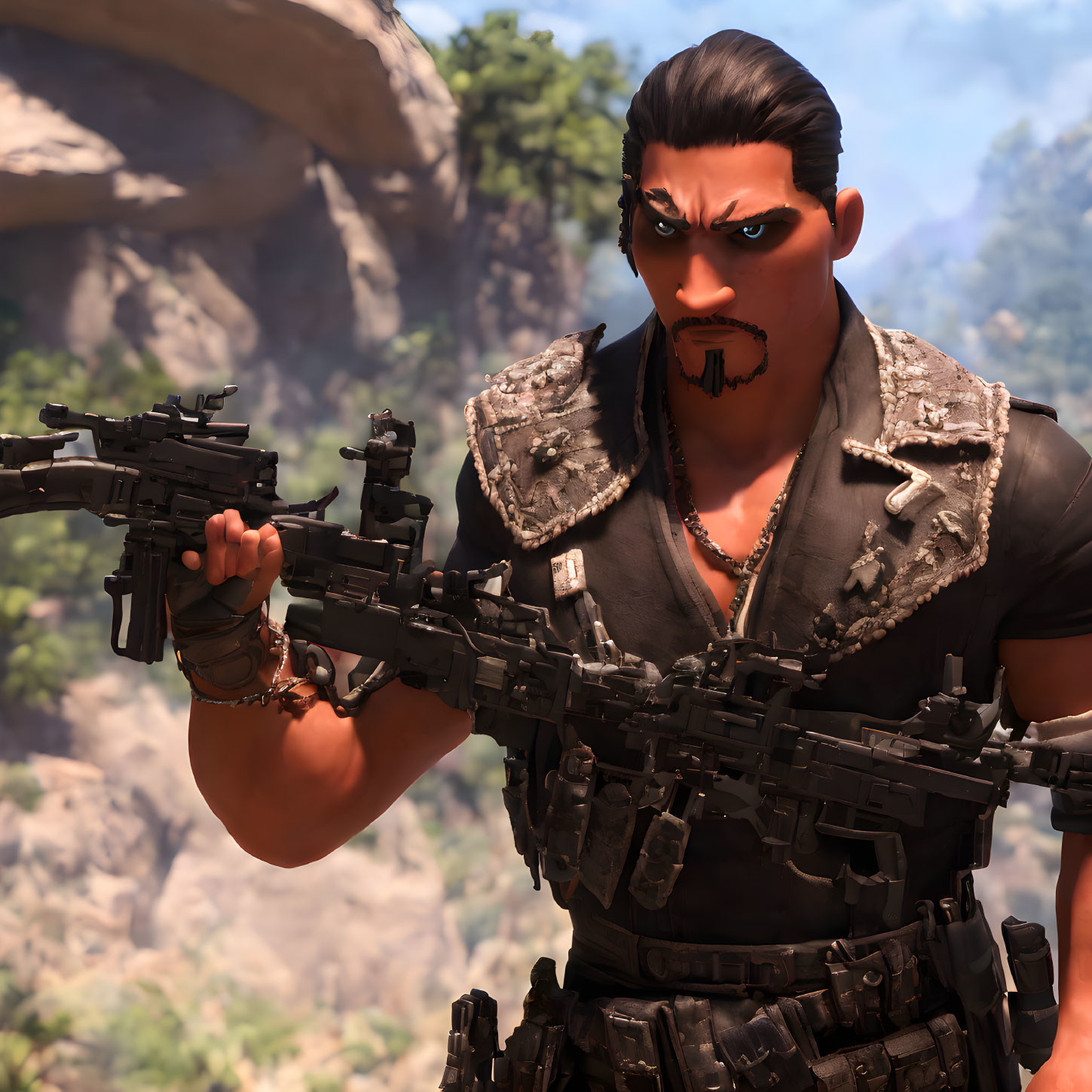 Animated character with guns and tactical vest in rocky setting