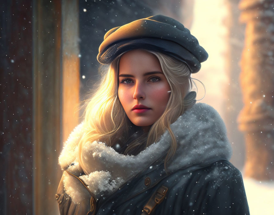 Blond woman in winter attire with snowflakes, in snowy setting