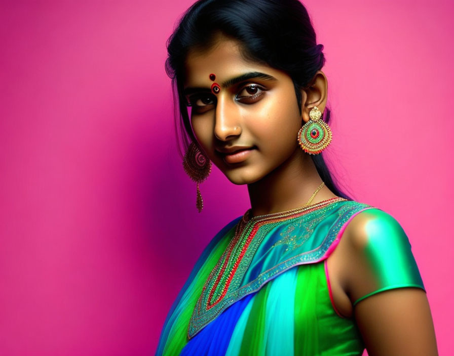 Dark-Haired Woman in Green Blouse with Red Bindi on Pink Background