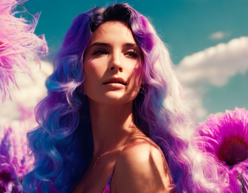 Purple-haired woman surrounded by flowers under blue sky