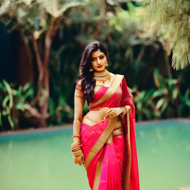 Woman in red and gold sari among lush greenery with traditional jewelry