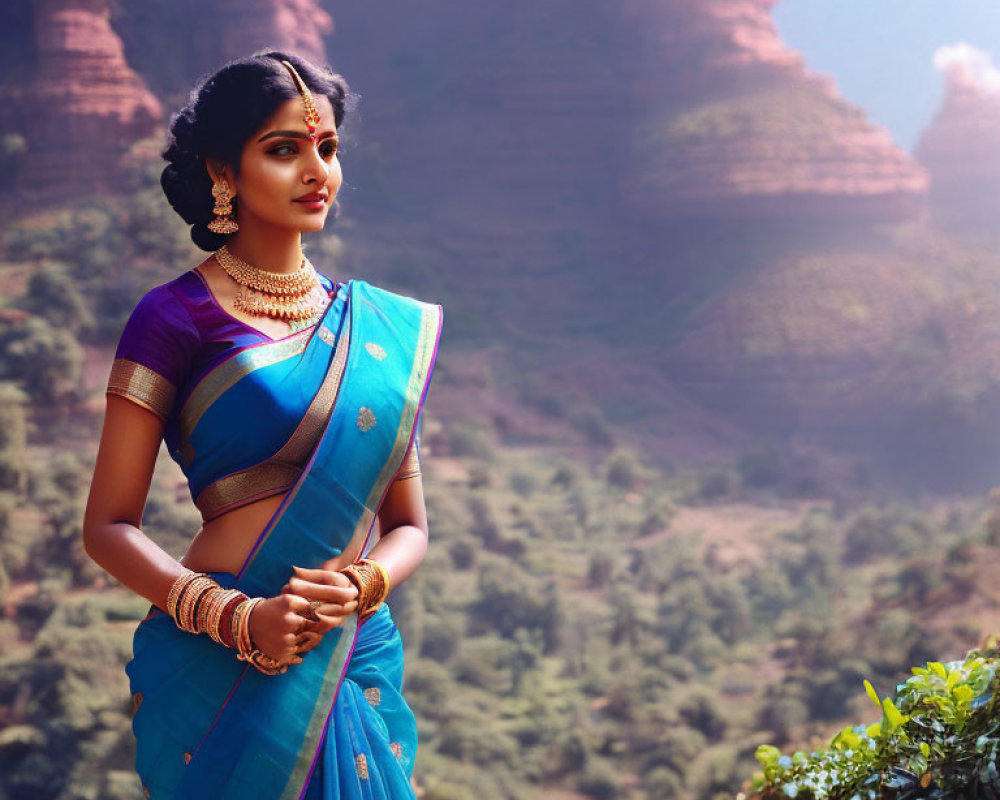 Traditional Indian Attire Woman Poses Against Majestic Red Cliffs