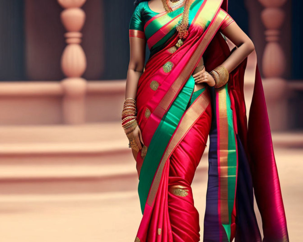 Traditional Indian Saree Woman Poses in Rich Colors and Gold Jewelry