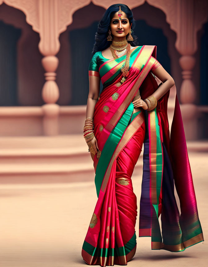 Traditional Indian Saree Woman Poses in Rich Colors and Gold Jewelry