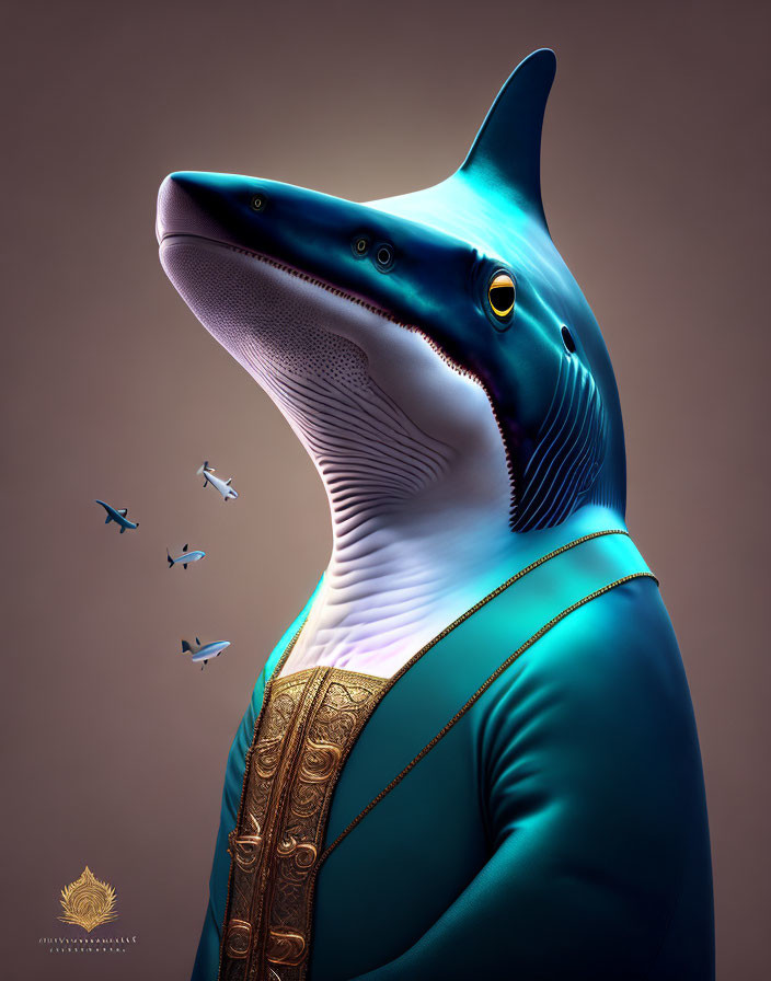 Regal anthropomorphic shark with birds in background