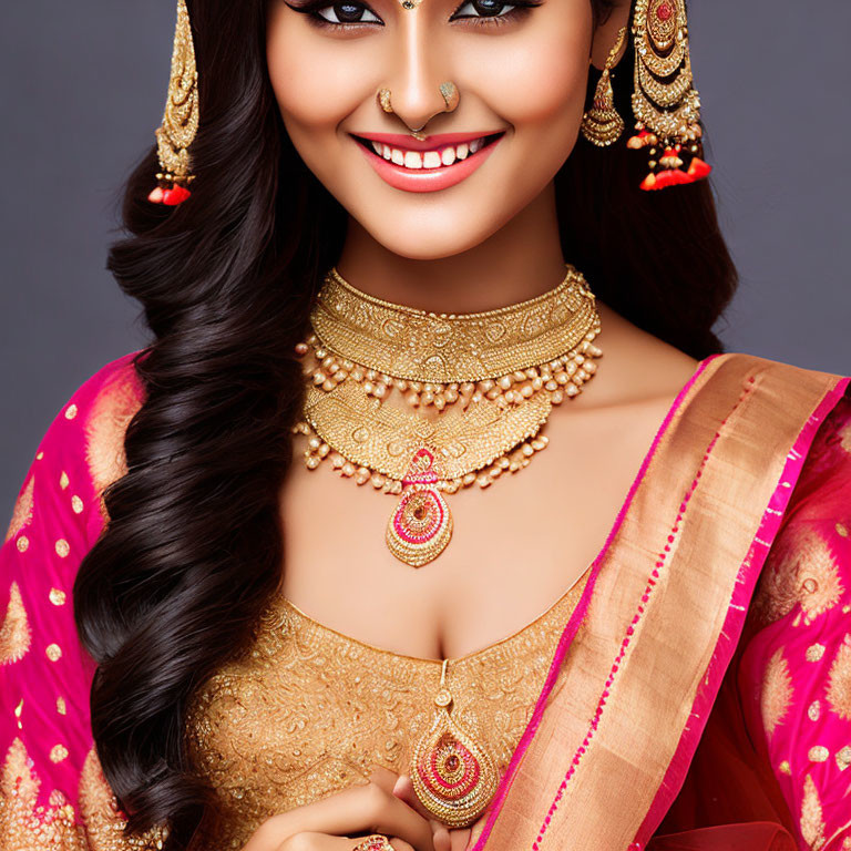 Traditional Indian Attire Woman in Pink Saree and Gold Jewelry