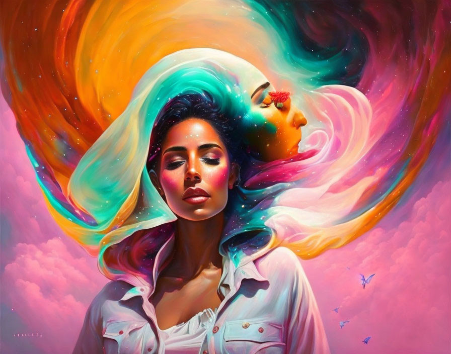 Vibrant surreal painting of woman with swirling colors and dreamlike sky