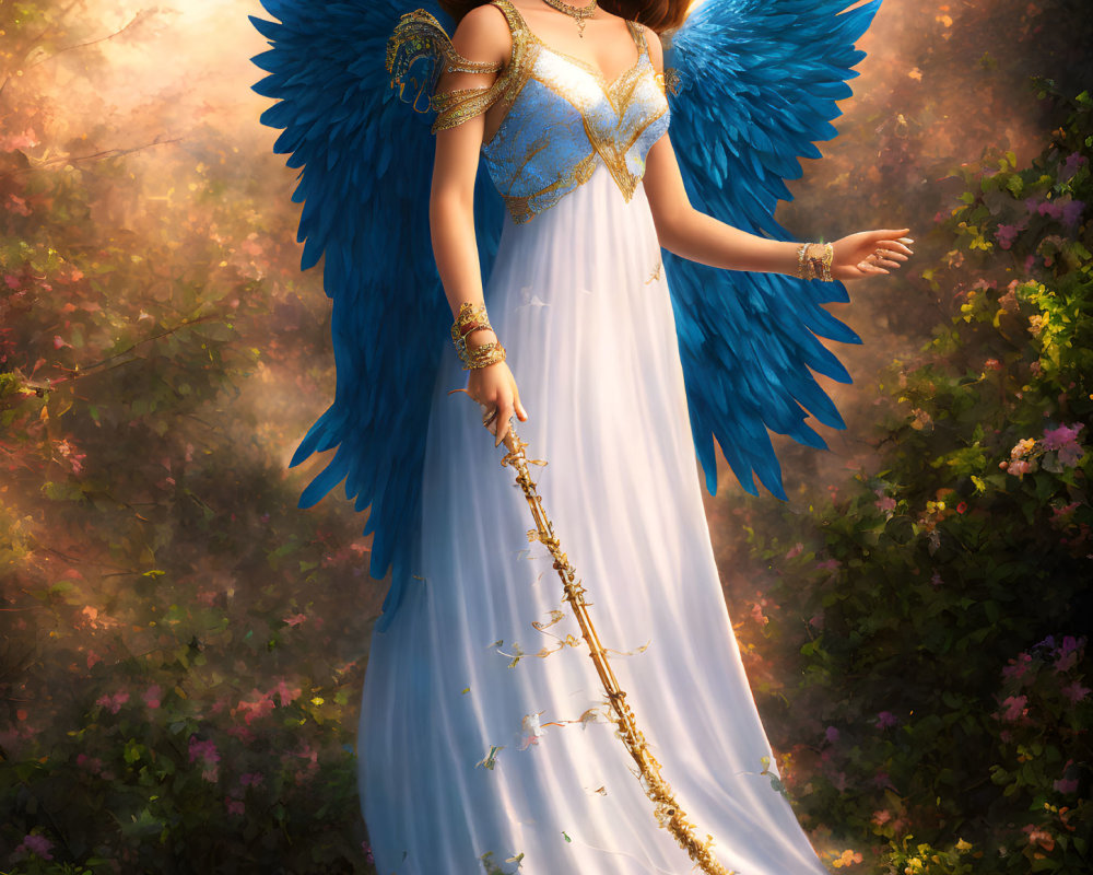 Ethereal figure with blue angelic wings in flowing white gown amidst dreamy floral landscape