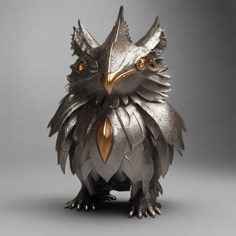 Metallic Owl Sculpture with Golden Beak and Eyes on Gray Background