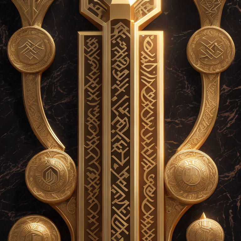 Opulent Golden Sword with Intricate Designs on Black Marble