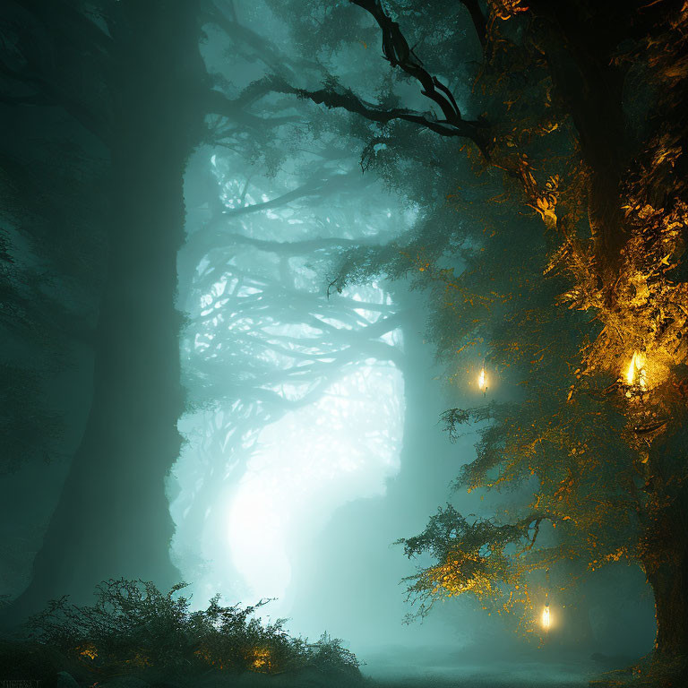 Enchanting forest scene with fog and soft glow from lanterns