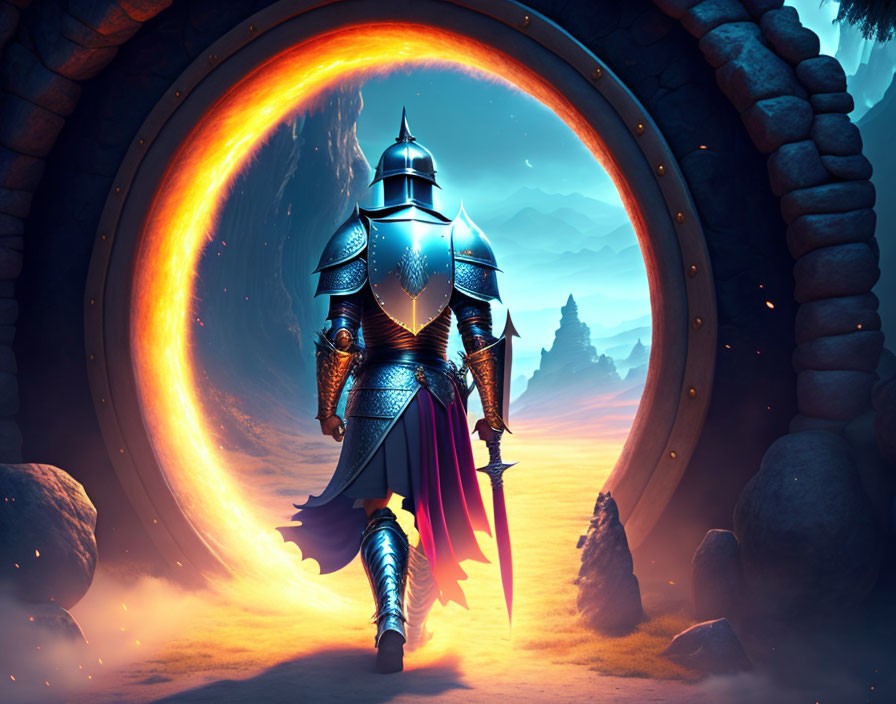 Knight in Shining Armor Faces Fiery Portal in Mystical Landscape