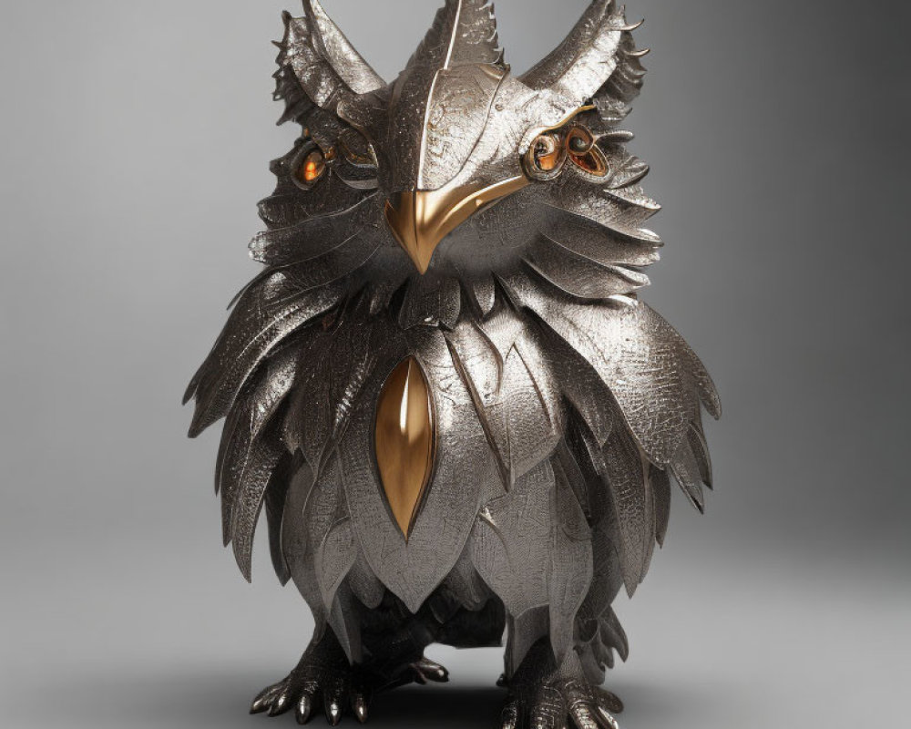 Metallic Owl Sculpture with Golden Beak and Eyes on Gray Background