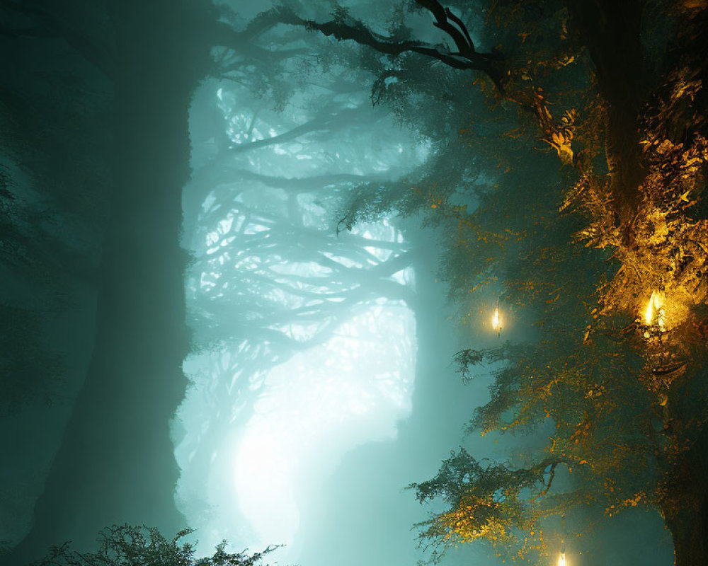 Enchanting forest scene with fog and soft glow from lanterns