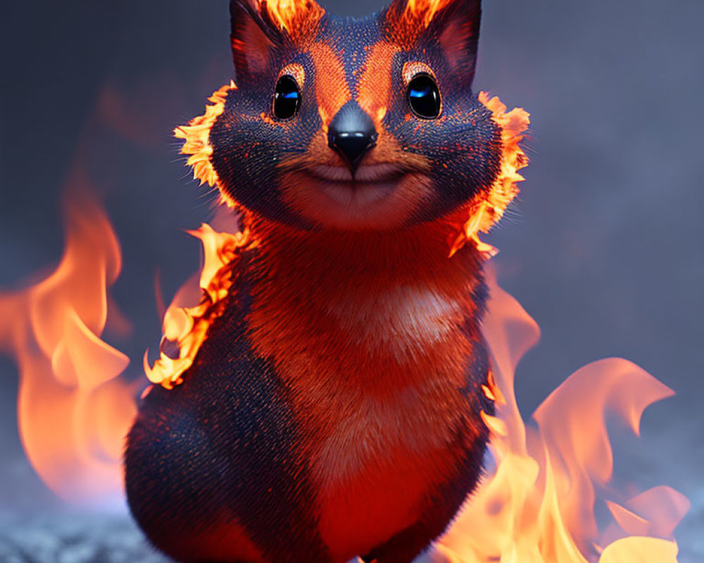 Digital Artwork: Squirrel with Flame Fur and Intense Eyes