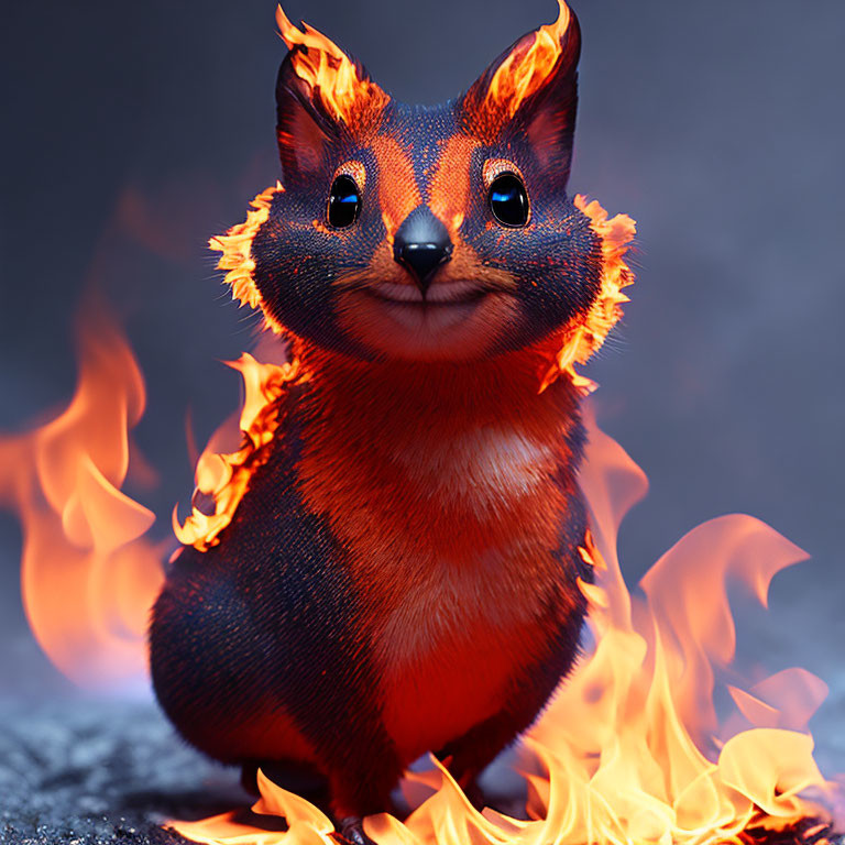 Digital Artwork: Squirrel with Flame Fur and Intense Eyes