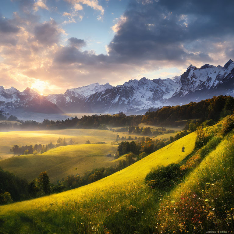 Scenic sunrise view of green valley, hills, trees, and snow-capped mountains