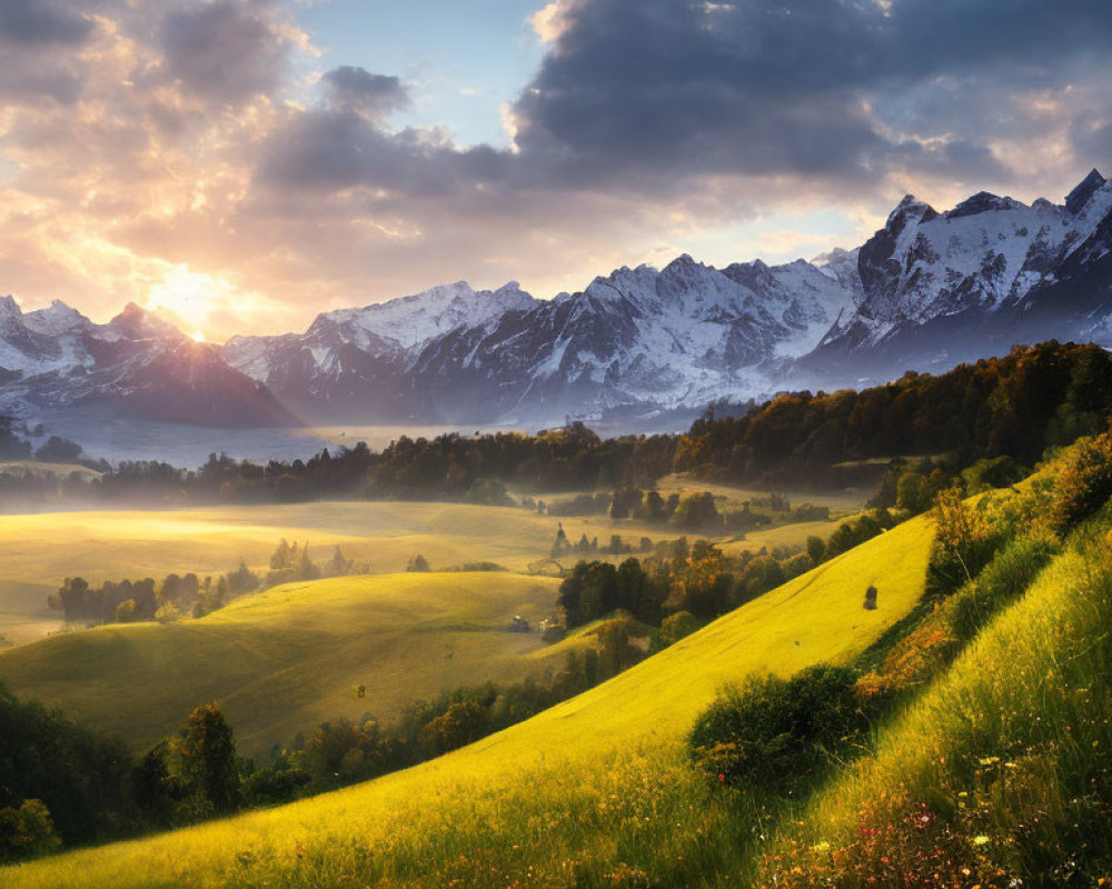 Scenic sunrise view of green valley, hills, trees, and snow-capped mountains