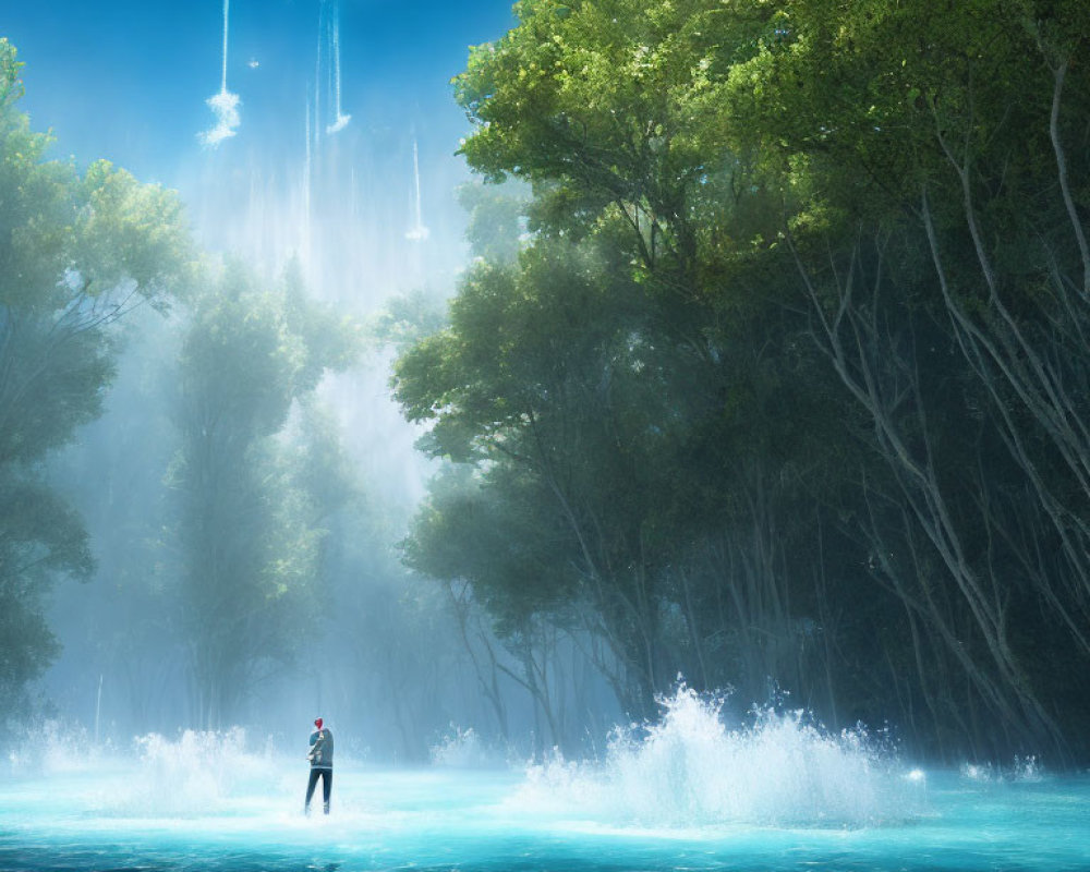 Person in flooded forest gazes at UFO emitting light beams