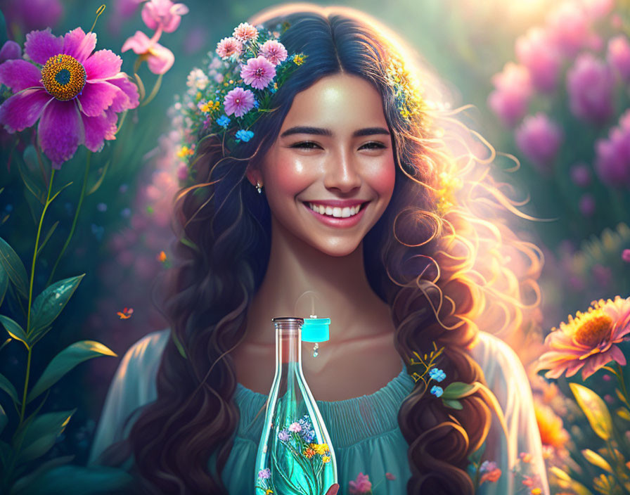 Smiling woman with flowers in hair and bottle, vibrant floral background