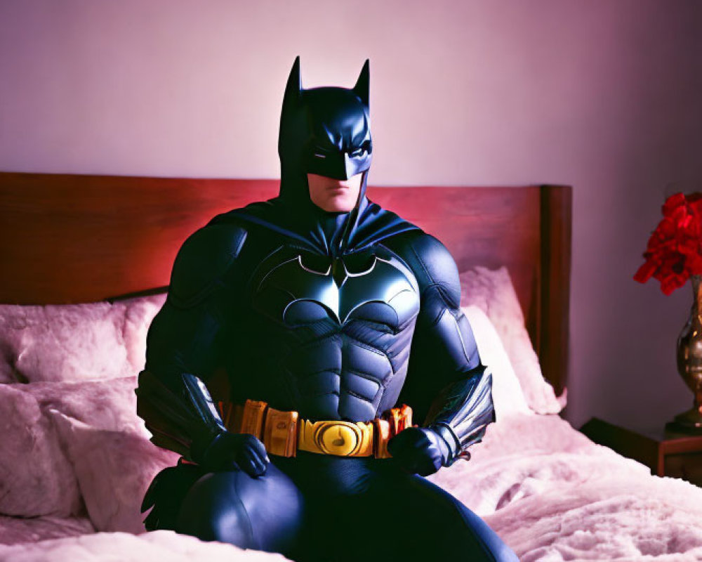 Person in Batman costume sitting on bed with pink sheets and wooden headboard under purple light.