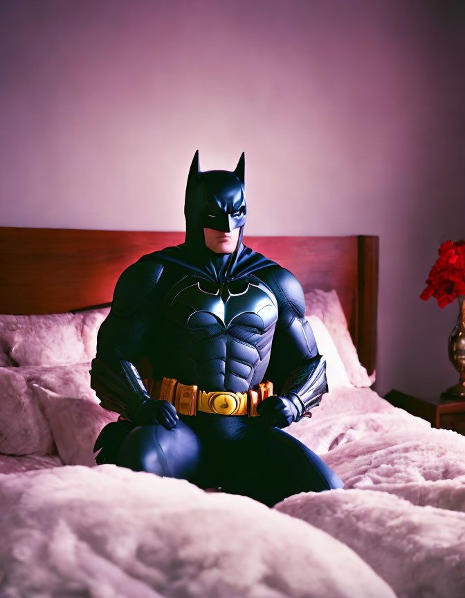 Person in Batman costume sitting on bed with pink sheets and wooden headboard under purple light.