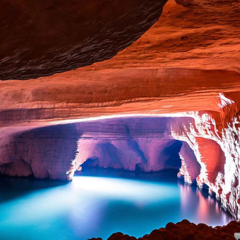 Blue-Lit Underground Cave with Rock Formations and Tranquil Water Pool