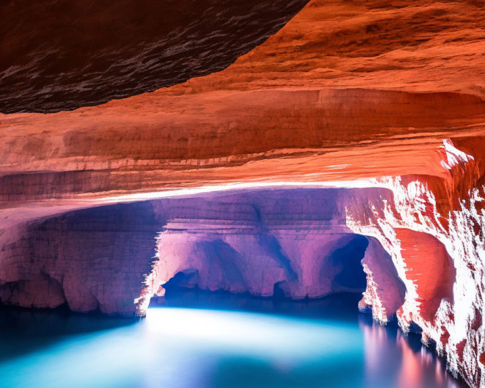 Blue-Lit Underground Cave with Rock Formations and Tranquil Water Pool