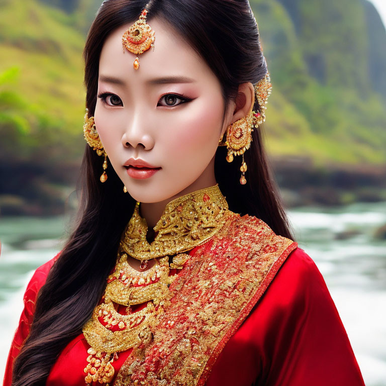 Woman in Vibrant Red Outfit with Gold Jewelry on Rocky Landscape