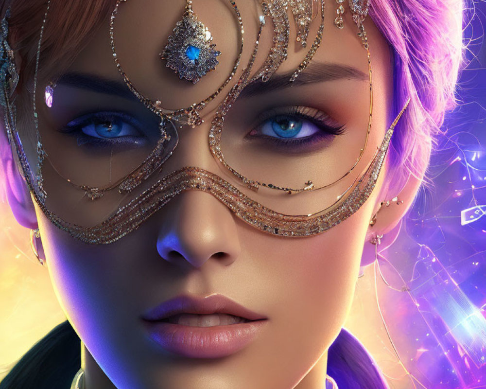 Close-Up of Woman with Striking Blue Eyes in Ornate Golden Mask under Purple Lighting