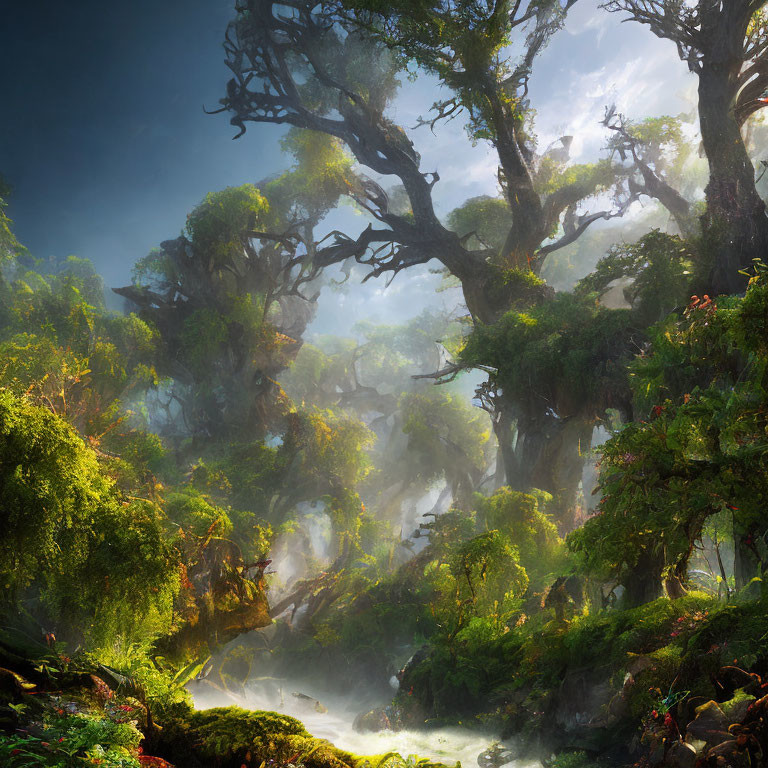 Ethereal forest scene with mist, sunlight, and ancient trees