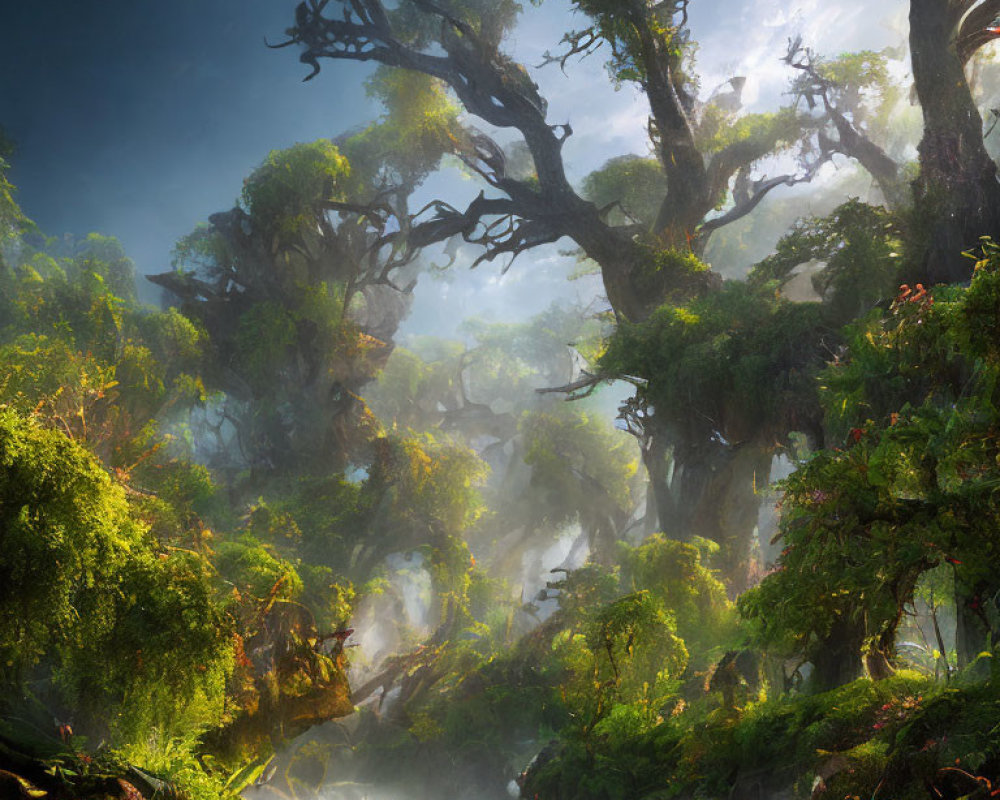 Ethereal forest scene with mist, sunlight, and ancient trees