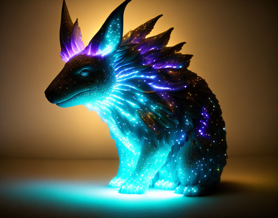 Mythical creature figurine with blue and purple lights on warm background