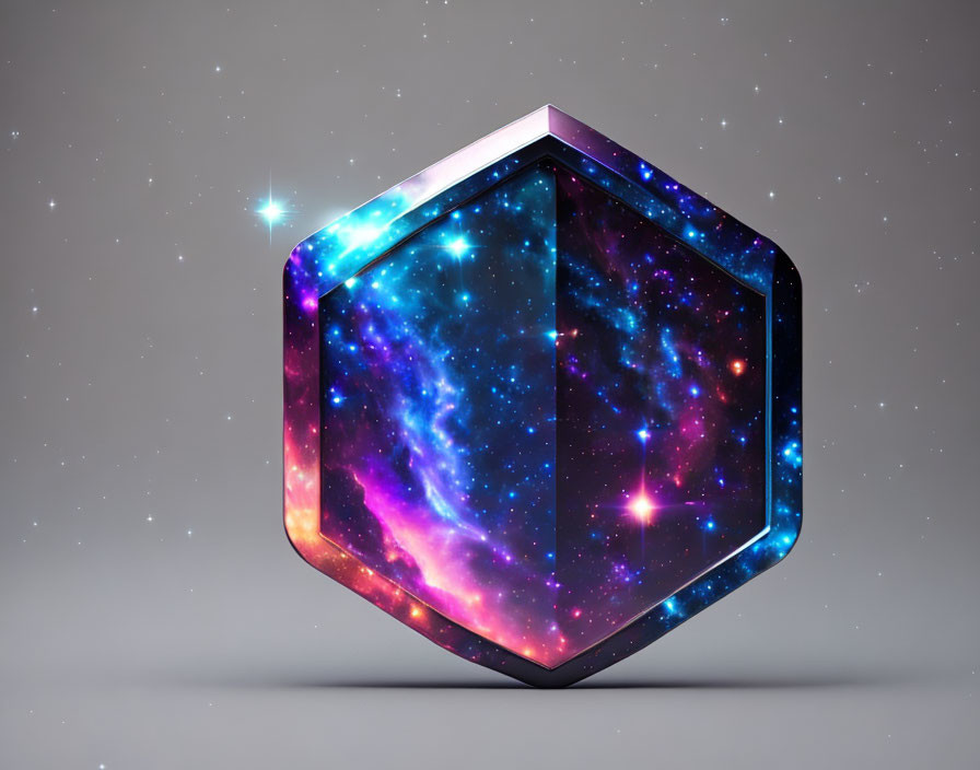 Cosmic Galaxy Pattern on 3D Hexagonal Object with Neon Edges