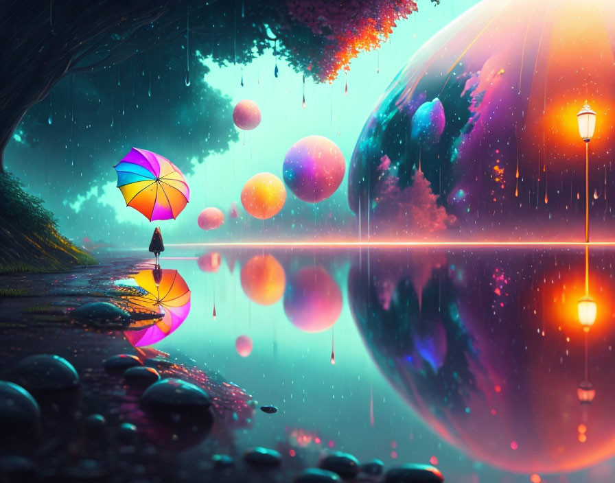 Colorful umbrella walker under glowing rain of light with cosmic sphere reflection