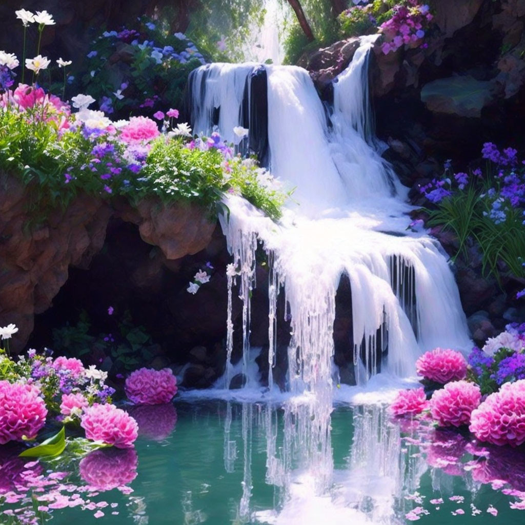 Tranquil pond with picturesque waterfall and lush greenery