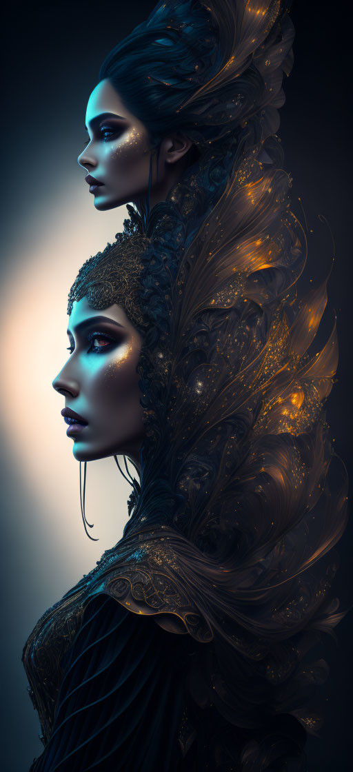 Stylized women with feather-like headdresses on dark background