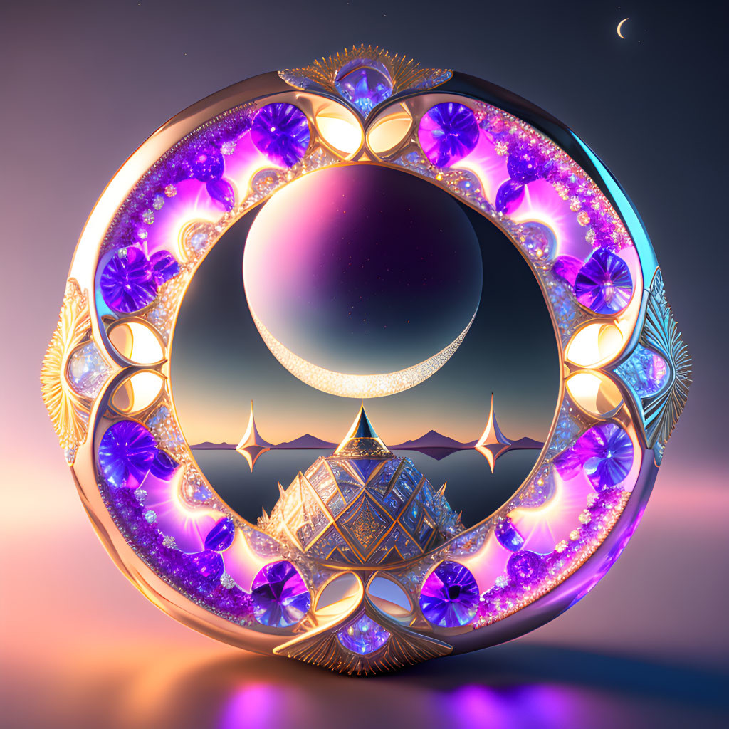 Circular Frame with Purple Gems, Geometric Crystal, and Desert Landscape with Pyramids