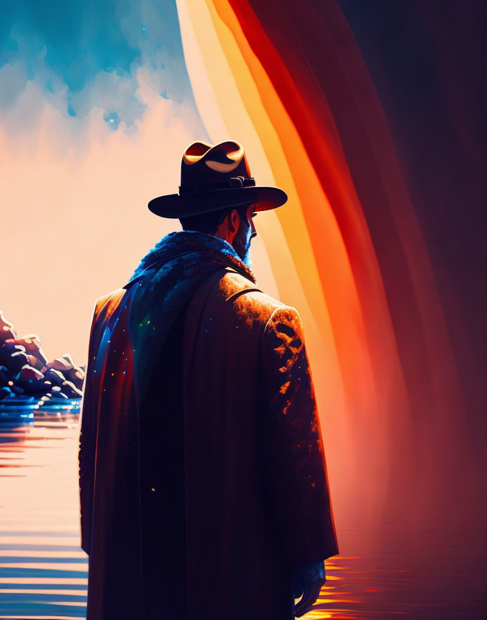 Silhouetted figure in hat and coat against vibrant abstract background.