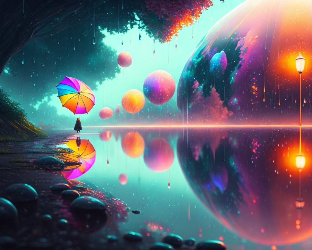 Colorful umbrella walker under glowing rain of light with cosmic sphere reflection