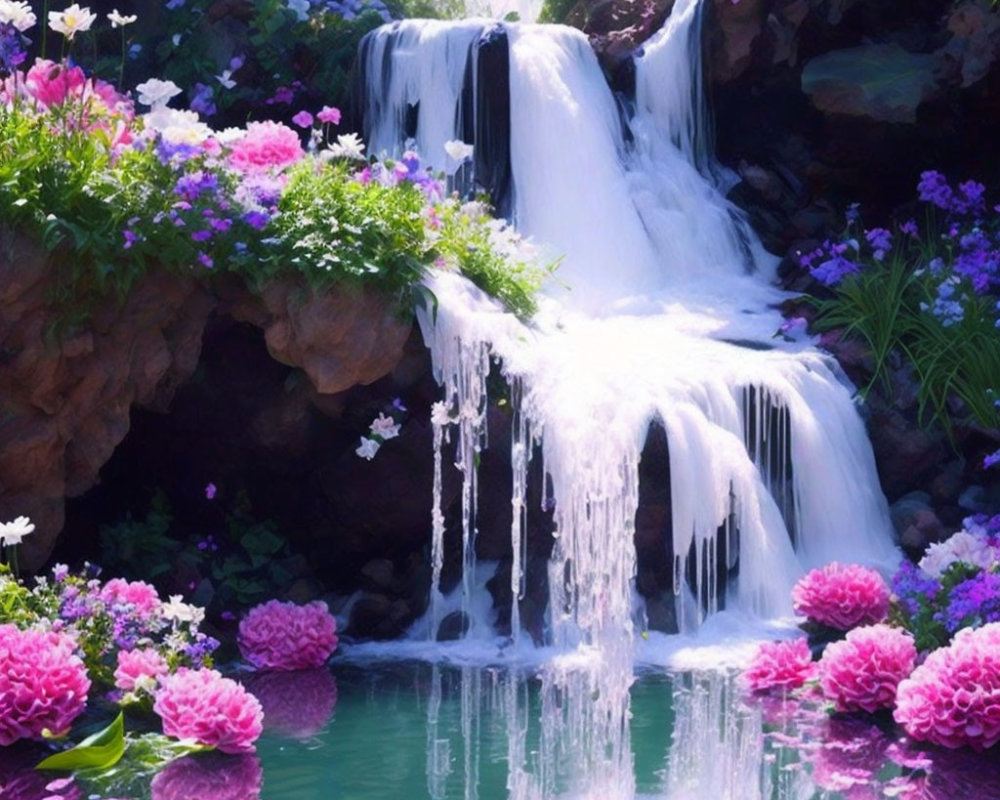 Tranquil pond with picturesque waterfall and lush greenery