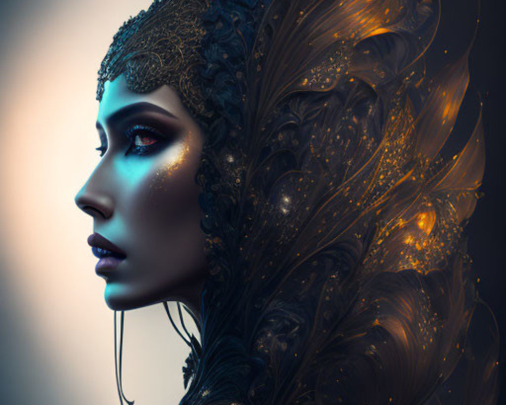 Stylized women with feather-like headdresses on dark background