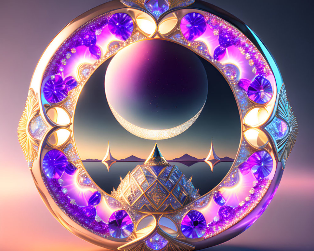 Circular Frame with Purple Gems, Geometric Crystal, and Desert Landscape with Pyramids